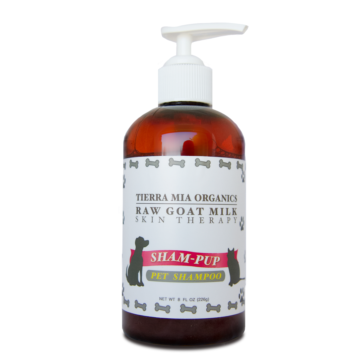 plastic amber bottle with a label that reas "Tierra Mia Organics Sham-pup Pet Shampoo